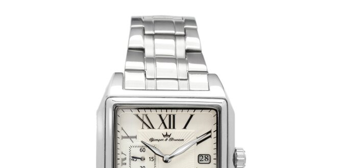Pánske oceľové štvorcové hodinky Yonger & Bresson s béžovým ciferníkom
