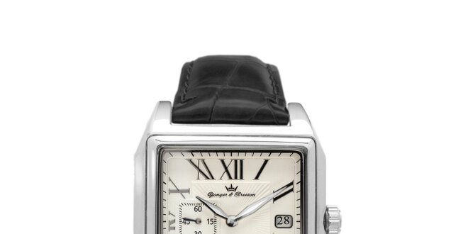 Pánske oceľové štvorcové hodinky Yonger & Bresson s béžovým ciferníkom a koženým remienkom