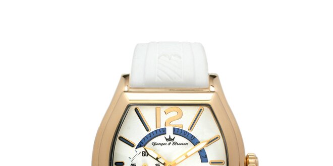 Oceľové zlaté hodinky Yonger & Bresson s bielym remienkom