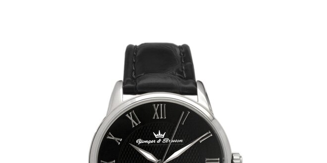 Pánske hodinky Yonger & Bresson s guľatým čiernym ciferníkom a koženým remienkom