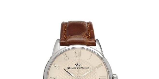 Pánske hodinky s guľatým béžovým ciferníkom Yonger & Bresson s koženým remienkom