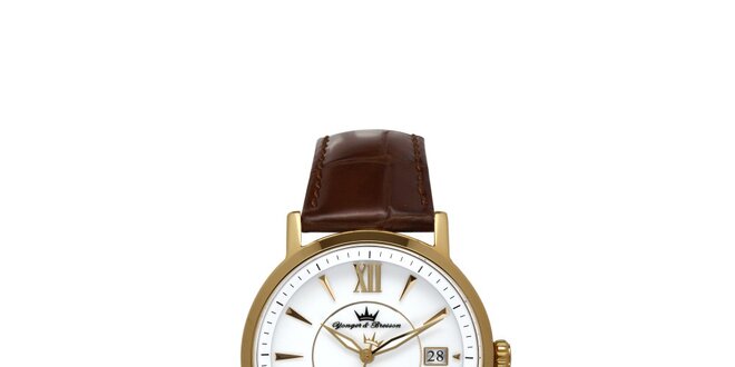 Pánske zlaté oceľové hodinky Yonger & Bresson s hnedým remienkom