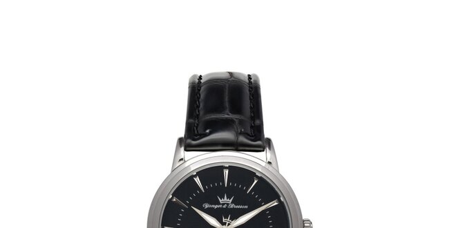 Pánske guľaté strieborné hodinky Yonger & Bresson s čiernym remienkom a ciferníkom