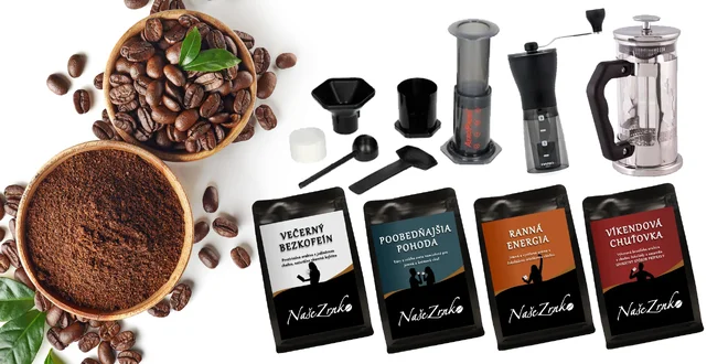 Balíčky kávy s mlynčekom, french pressom či aeropressom