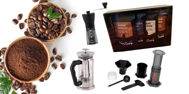 Balíčky kávy s mlynčekom, french pressom či aeropressom