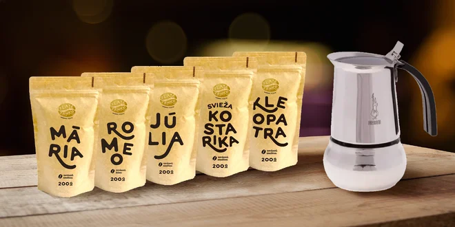 5 balení kávy+french press, moka konvička či mlynček