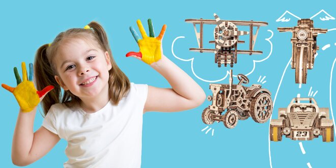 Mechanické hračky z dreva: Autá, lietadlo i dinosaurus