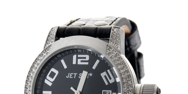 Dámske oceľové hodinky Jet Set s čiernym koženým remienkom a kamienkami