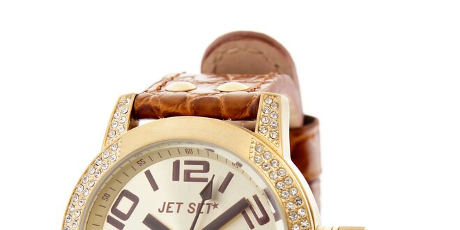 Dámske zlaté hodinky Jet Set s hnedým koženým remienkom a kamienkami