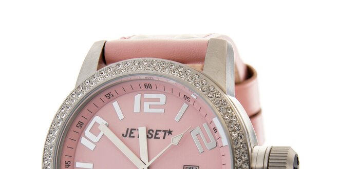 Dámske ružové hodinky Jet Set s koženým remienkom a kamienkami