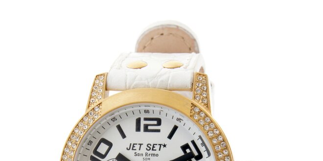 Dámske zlaté hodinky Jet Set s bielym koženým remienkom a kamienkami