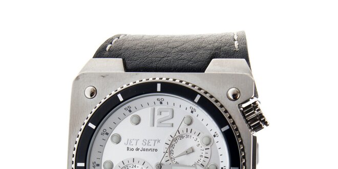 Pánske ocelové hodinky Jet Set s čiernym koženým remienkom