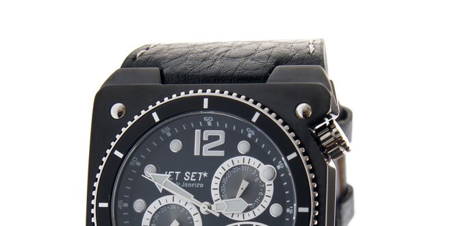Pánske čierne oceľové hodinky Jet Set s čiernym koženým remienkom