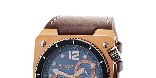 Pánske zlaté hodinky Jet Set s hnedým koženým remienkom