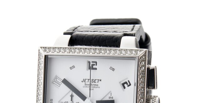 Dámske ocelové náramkové hodinky Jet Set s čiernym koženým remienkom a bielym ciferníkom