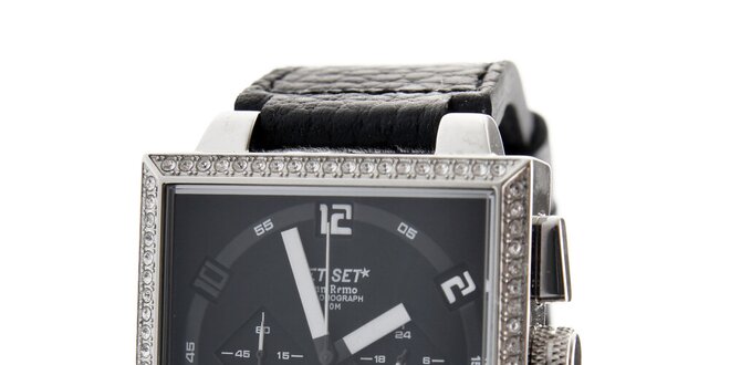 Dámske ocelové náramkové hodinky Jet Set s čiernym koženým remienkom a čiernym ciferníkom