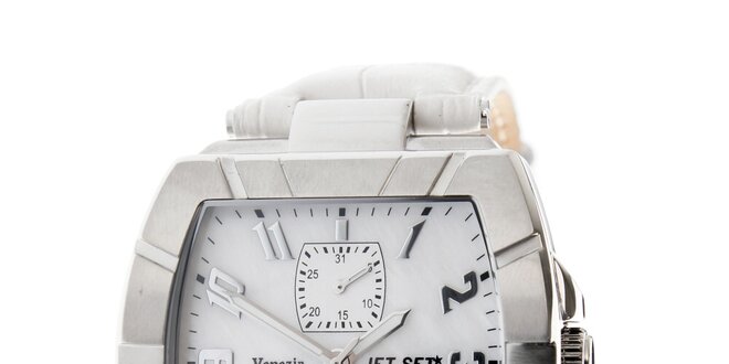 Dámske oceľové náramkové hodinky Jet Set s bielym koženým remienkom