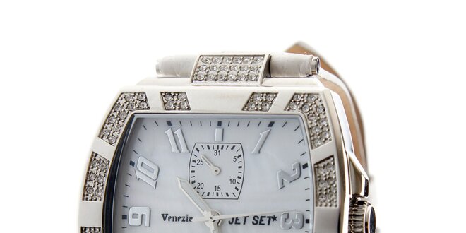 Dámske oceľové hodinky Jet Set s kamienkami a bielym koženým remienkom