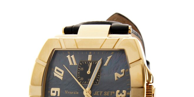 Dámske zlaté hodinky Jet Set s čiernym koženým remienkom