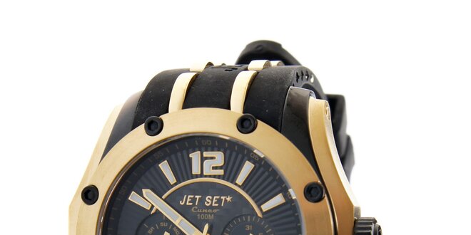 Zlaté hodinky Jet Set s čiernym silikónovým pásikom