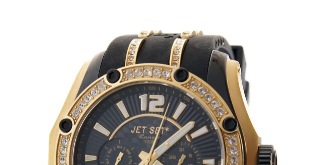 Dámske zlaté hodinky Jet Set s kamienkami a čiernym silikónovým remienkom