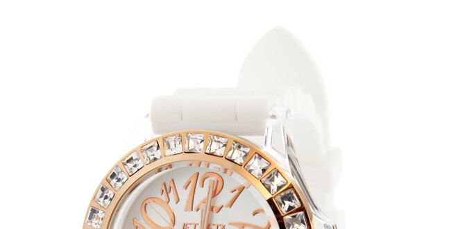 Dámske zlaté hodinky Jet Set s bielym silikónovým pásikom a kamienkami