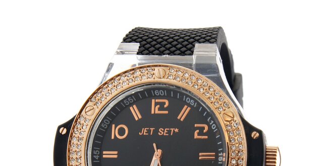 Dámske zlaté hodinky Jet Set s čiernym silikónovým remienkom a kamienkami