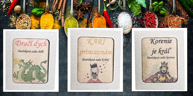 Sady korenia s chilli, kari, soľou či škoricou