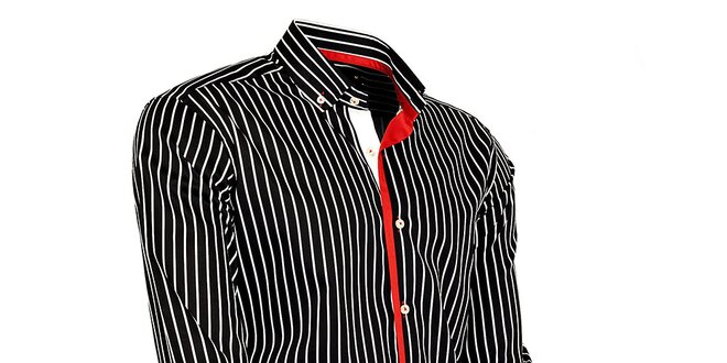 Pánska čierno-biela prúžkovaná košeľa s červenými detailmi Pontto