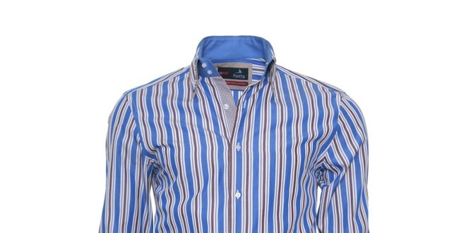 Pánska modro-hnedo-biela pruhovaná košeľa Pontto