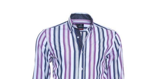 Pánska biela košeľa Ponto s modro-fialovými pruhmi