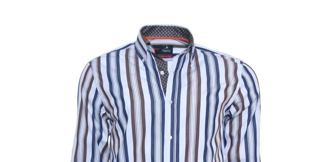 Pánska biela košeľa Ponto s modro-hnedými pruhmi