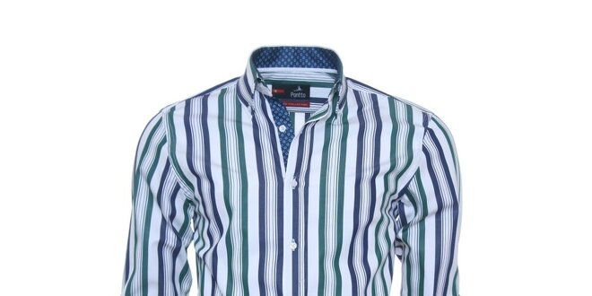 Pánska biela košeľa Pontto s modro-zelenými pruhmi