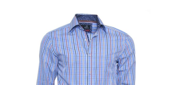 Pánska modrá kockovaná košeľa Pontto s farebnými prúžkami