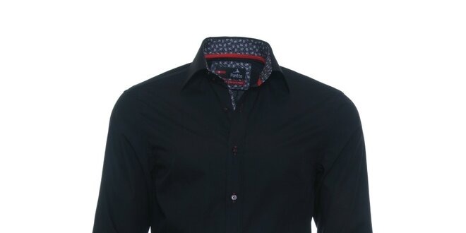 Pánska čierna košeľa Pontto s čiernobielym podšitým límčekom