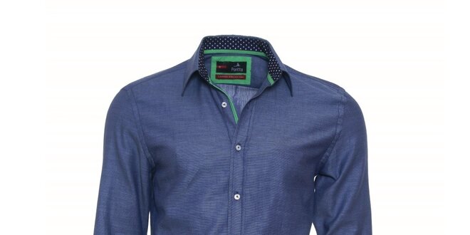 Pánska modrá košeľa Pontto so zelenými detailmi