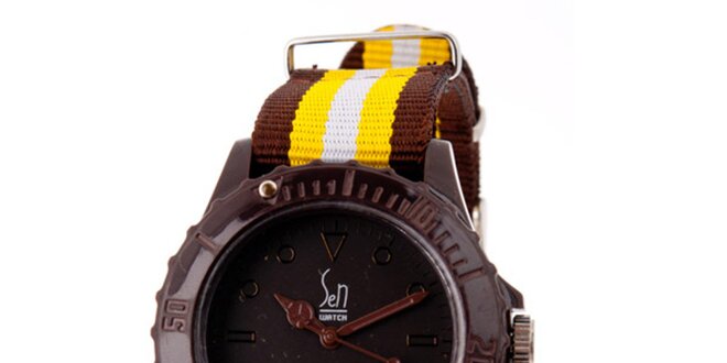 Hnedé analogové hodinky s pruhovaným náramkom Senwatch