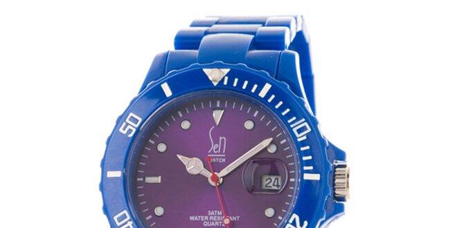 Modré hodinky Senwatch s fialovým ciferníkom