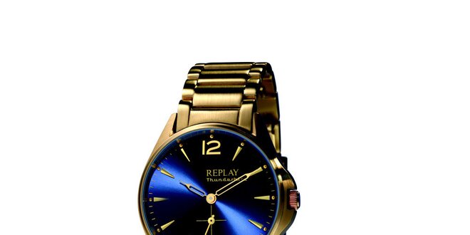 Pánske zlaté hodinky s modrým displejom Replay