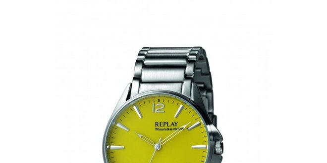 Pánske strieborné analogové hodinky Replay so žltým displejom