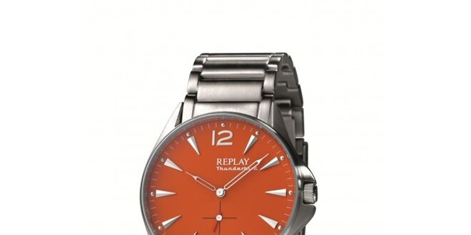 Pánske strieborné analogové hodinky Replay s oranžovým displejom