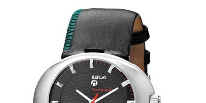 Dámske čierne oválne hodinky s prešívanými detailmi Replay