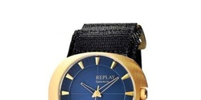 Pánske zlaté oválne hodinky s modrým ciferníkom Replay
