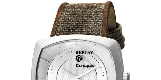 Pánske strieborné analogové hodinky s hnedo-zeleným náramkom Replay