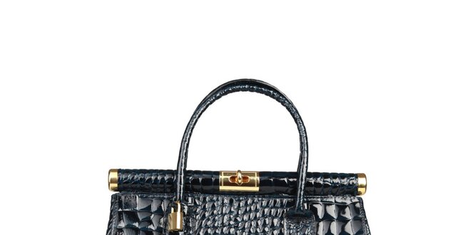 Dámska temno modrá lakovaná kabelka s krokodýlim vzorom Made in Italia