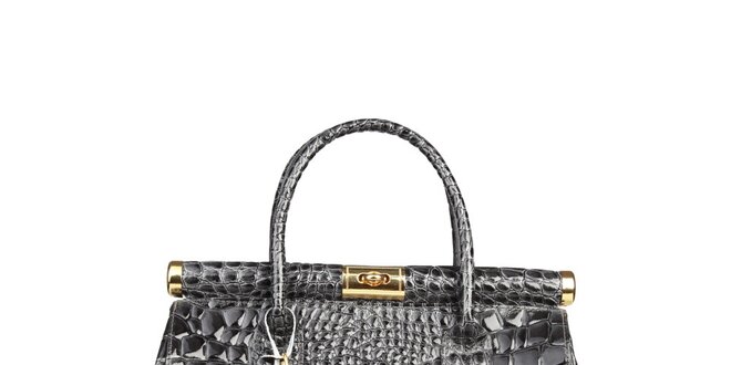 Dámska temno šedá lakovaná kabelka s krokodýlim vzorom Made in Italia