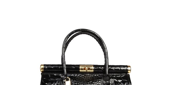 Dámska čierna lakovaná kabelka s krokodýlim vzorom Made in Italia