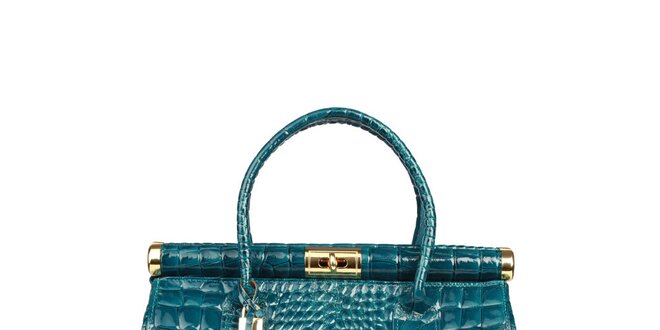 Dámska vodovo modrá lakovaná kabelka s krokodýlim vzorom Made in Italia