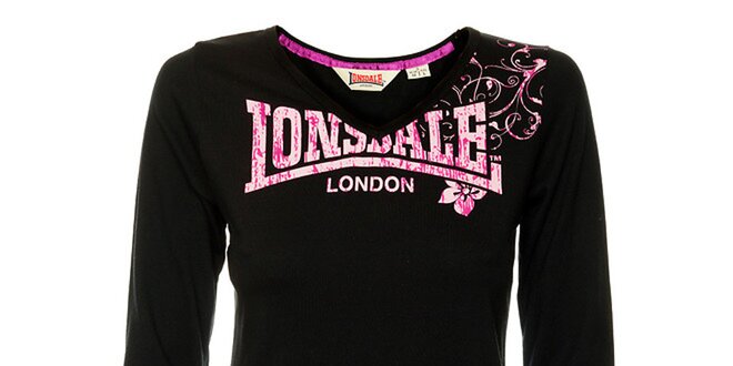 Dámske čierne tričko s dlhým rukávom Lonsdale s ružovou potlačou