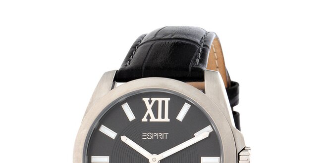 Dámske oceľové hodinky Esprit s čiernym koženým remienkom